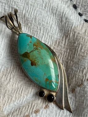 Jay King vintage 925 SS turquoise pendant with faceted smoky quartz accents